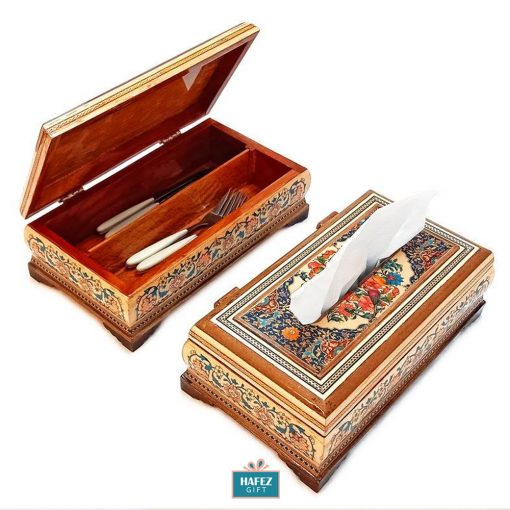 Persian Marquetry, Spoon & Fork Box and Tissue Box set, Rose Design