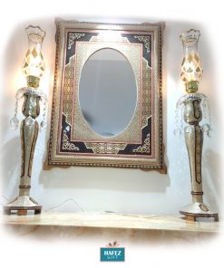 Persian Marquetry Khatam Kari Candlesticks and Mirror Set 