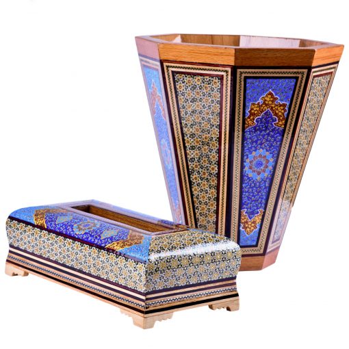 Persian Marquetry Tissue Box and Trash Bin, Blue Lux Set Design
