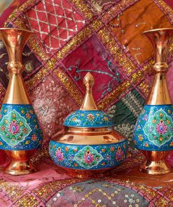 Persian Enamel Painting 2 Flower Pots and Candy Dish Set (3 PCs)