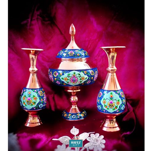 Persian Enamel Painting, 2 Flower Pots and a Candy Dish Set (3 PCs)