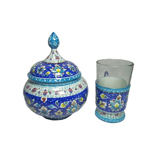 Minakari, Persian Enamel Tea Cup Set, 8 Pieces (Blue)