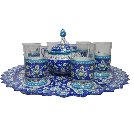 Minakari, Persian Enamel Tea Cup Set, 8 Pieces (Blue)